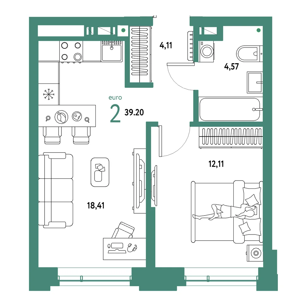 Планировка: Авторский 2-комнатная 39,20м²