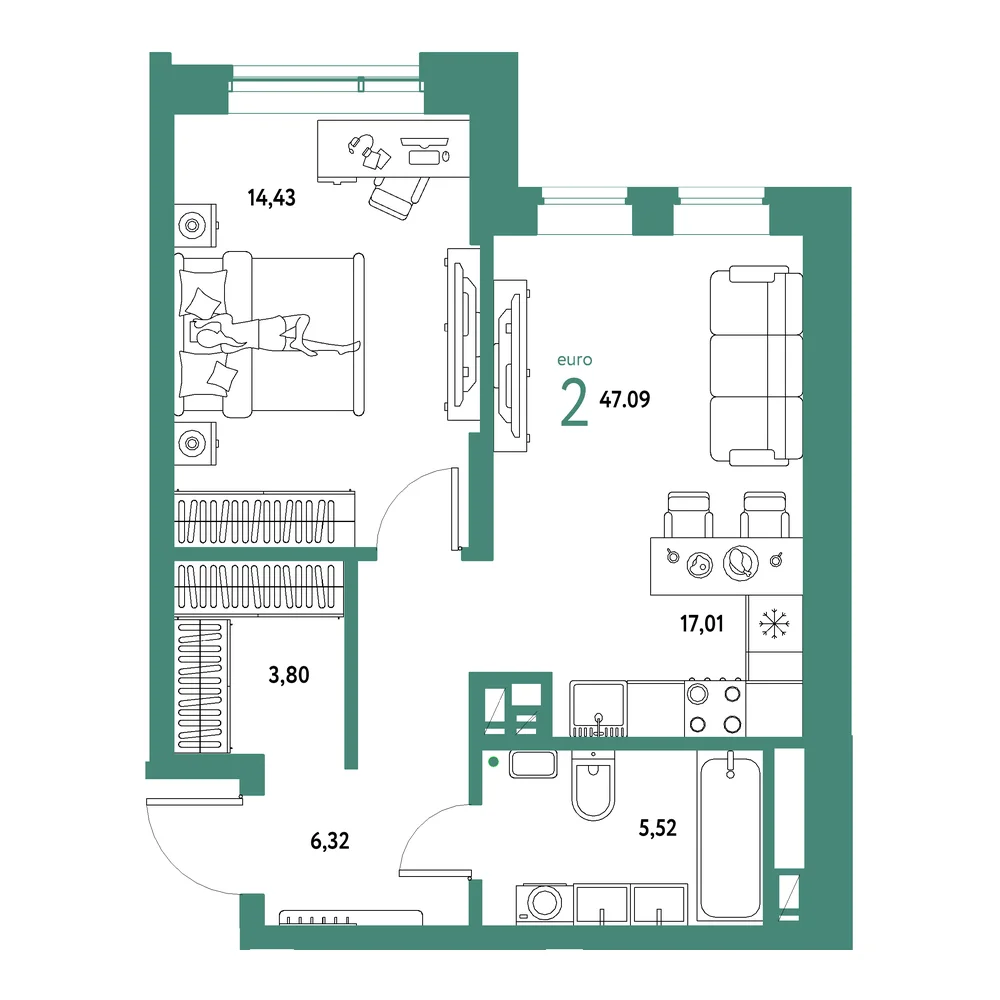 Планировка: Авторский 2-комнатная 47,09м²