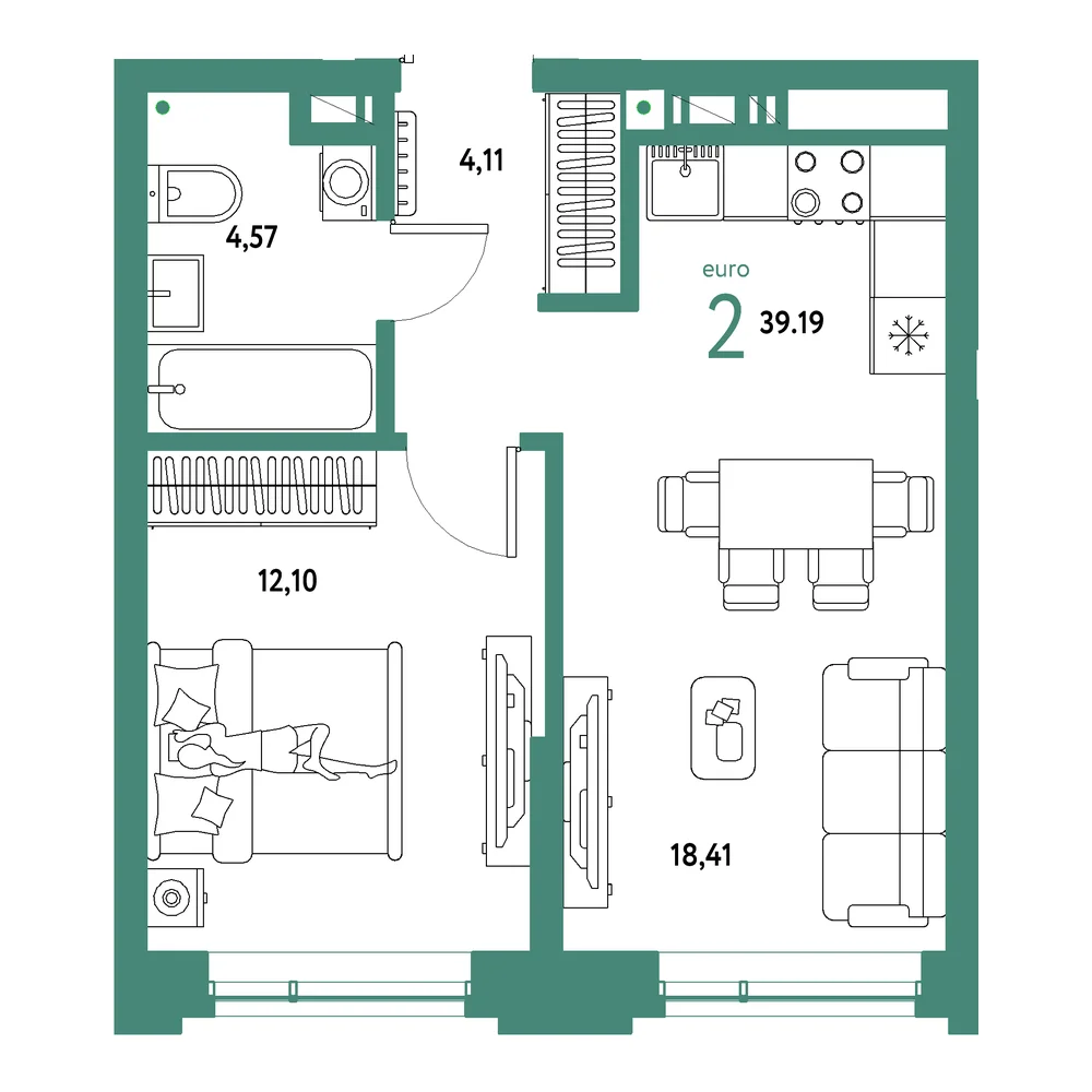 Планировка: Авторский 2-комнатная 39,19м²