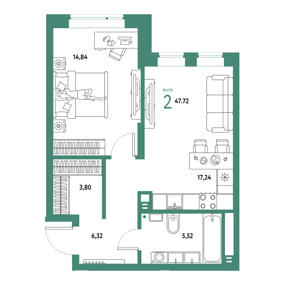 Планировка: Авторский 2-комнатная 47,72м²