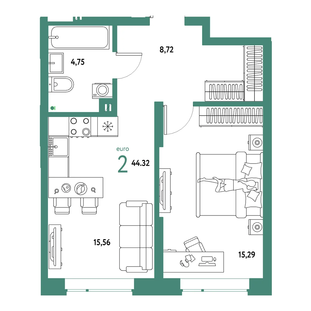 Планировка: Авторский 2-комнатная 44,32м²