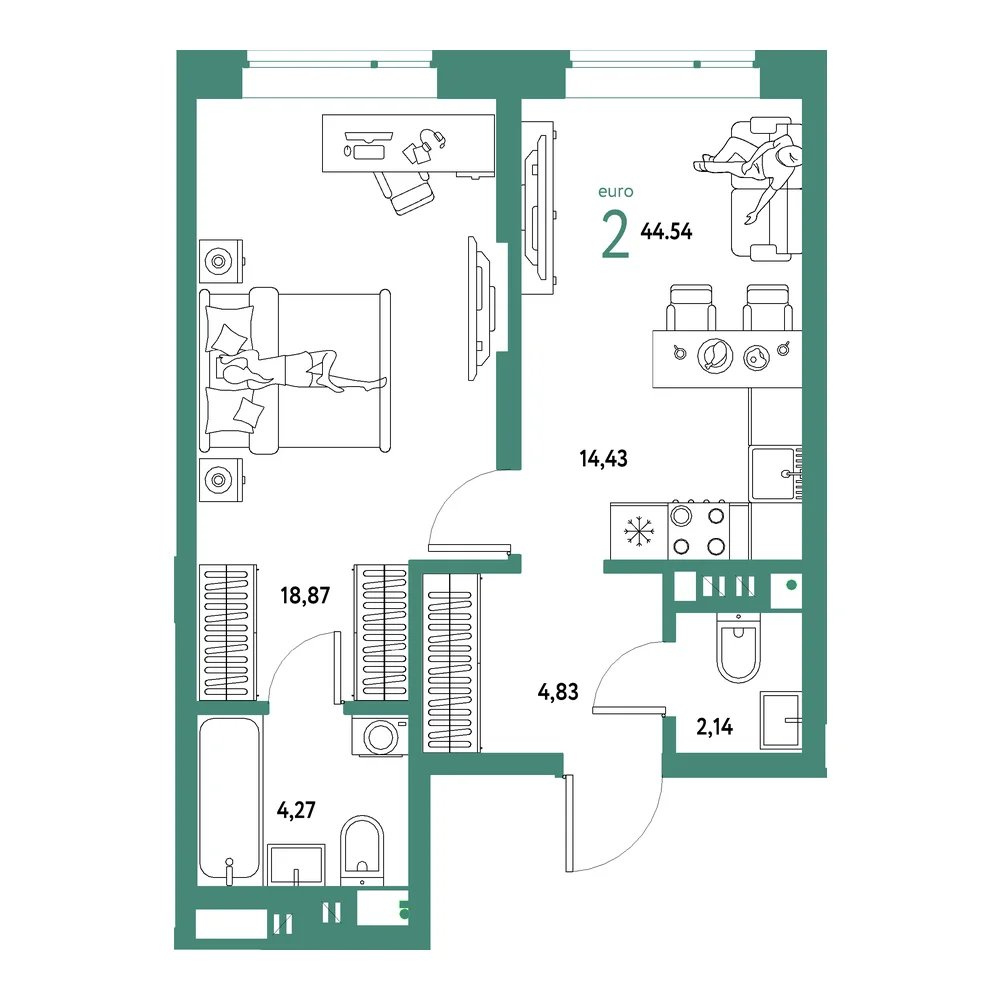 Планировка: Авторский 2-комнатная 44,54м²