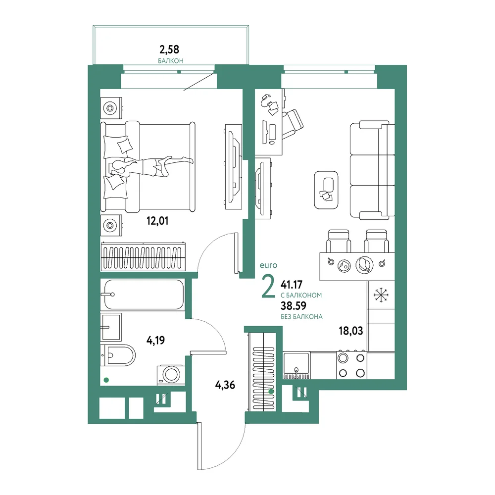 Планировка: Авторский 2-комнатная 41,17м²