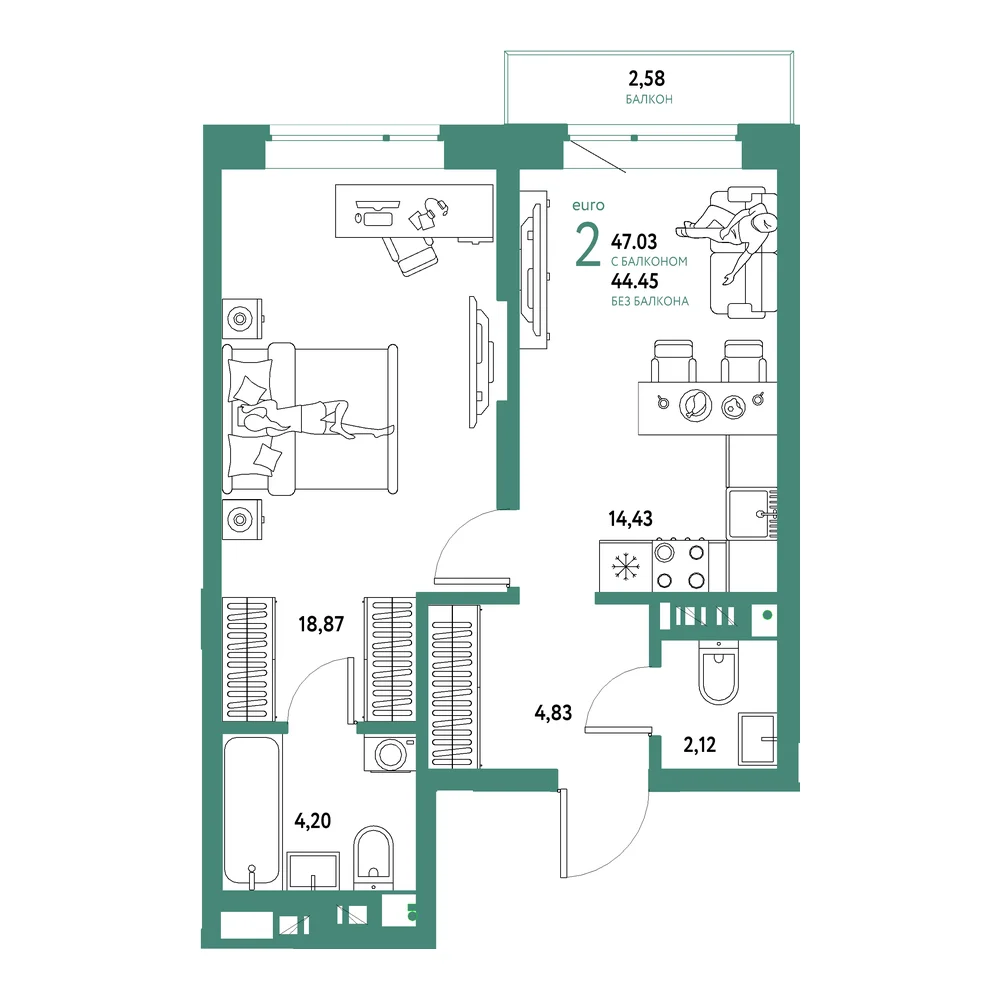 Планировка: Авторский 2-комнатная 47,03м²