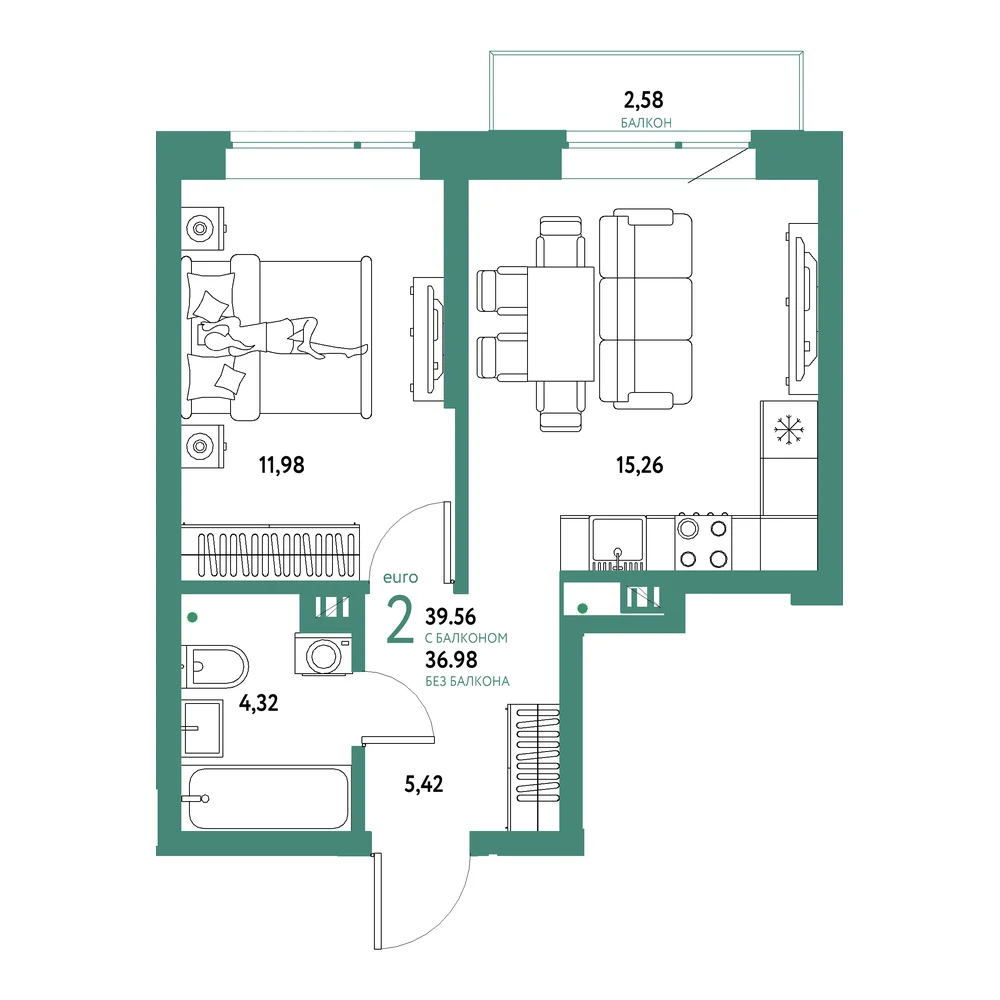 Планировка: Авторский 2-комнатная 39,56м²