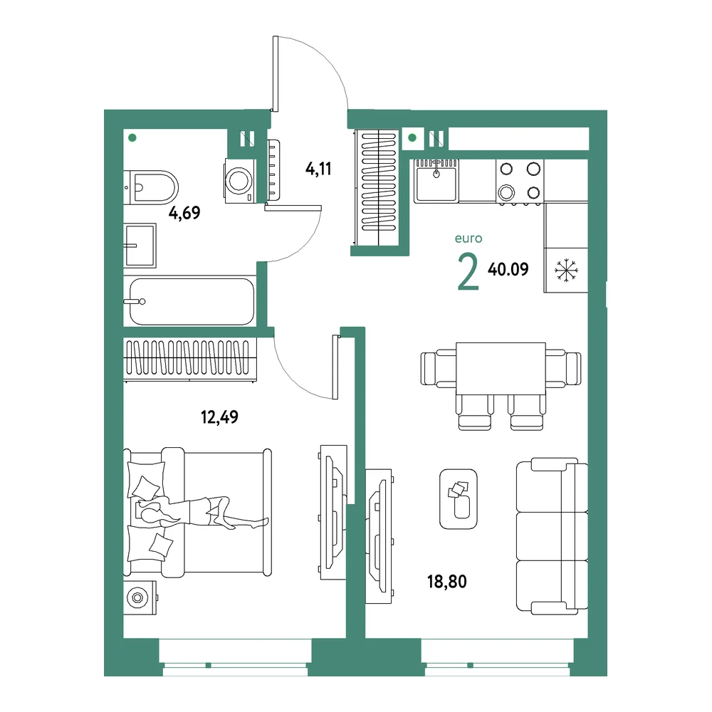 Планировка: Авторский 2-комнатная 40,09м²