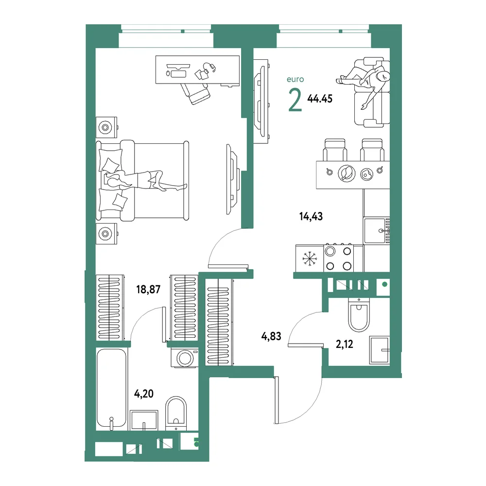 Планировка: Авторский 2-комнатная 44,45м²