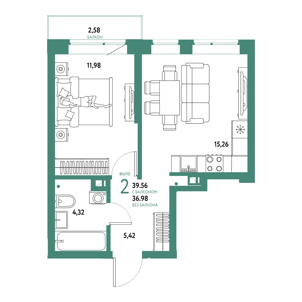 Планировка: Авторский 2-комнатная 39,56м²