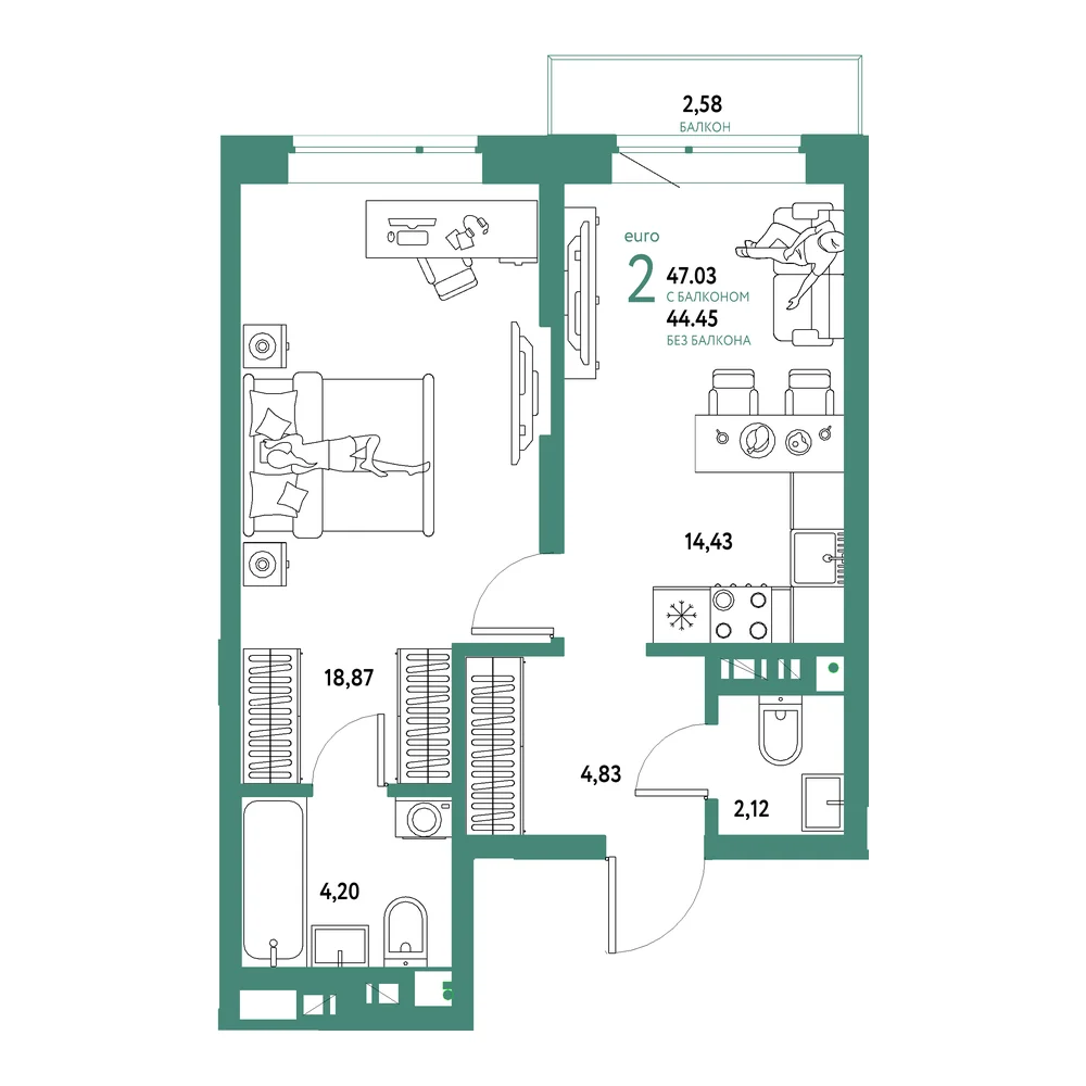 Планировка: Авторский 2-комнатная 47,03м²