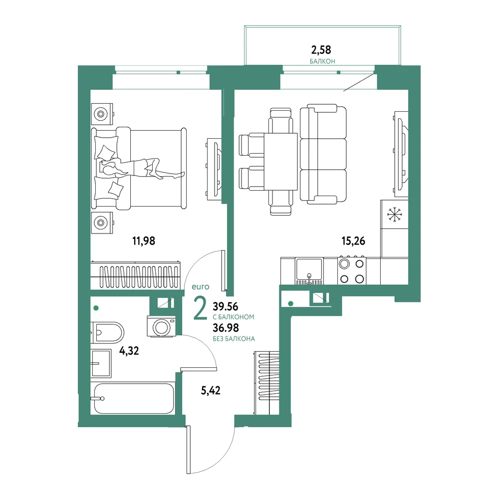 Планировка: Авторский 2-комнатная 39,56м²