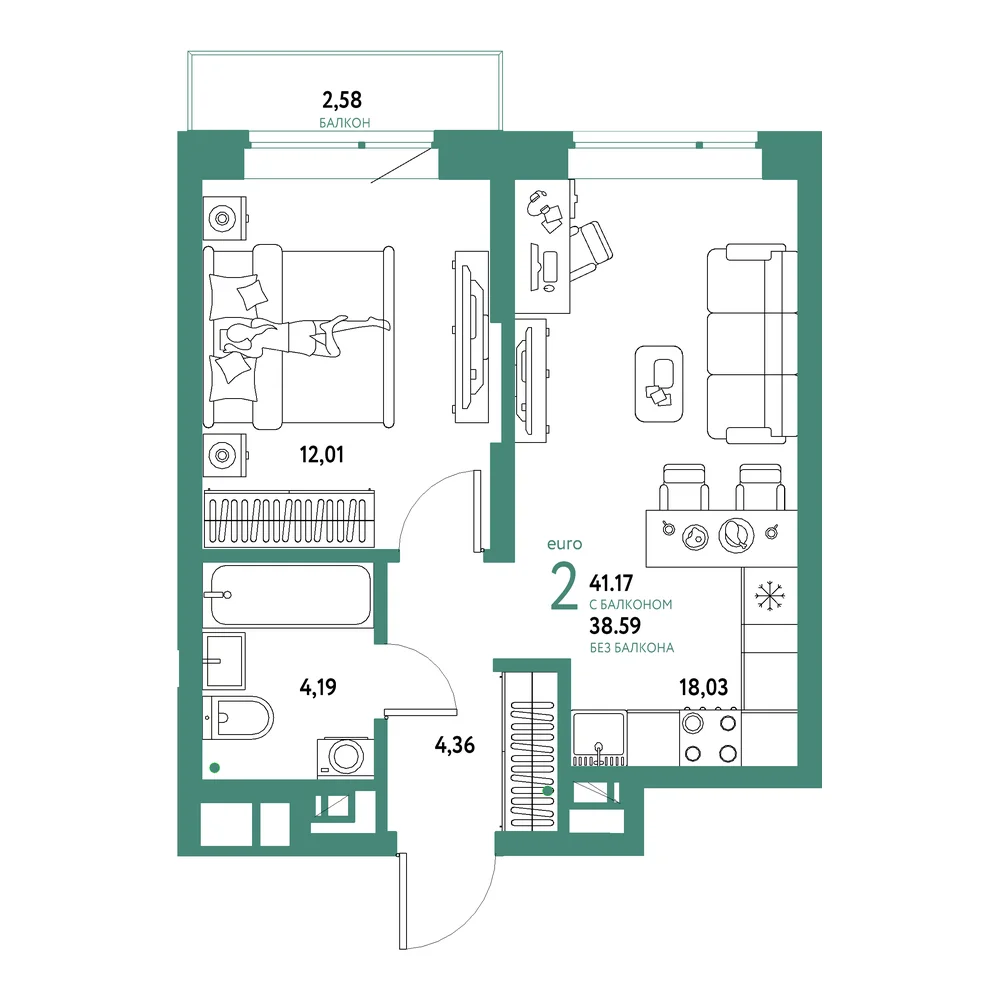 Планировка: Авторский 2-комнатная 41,17м²