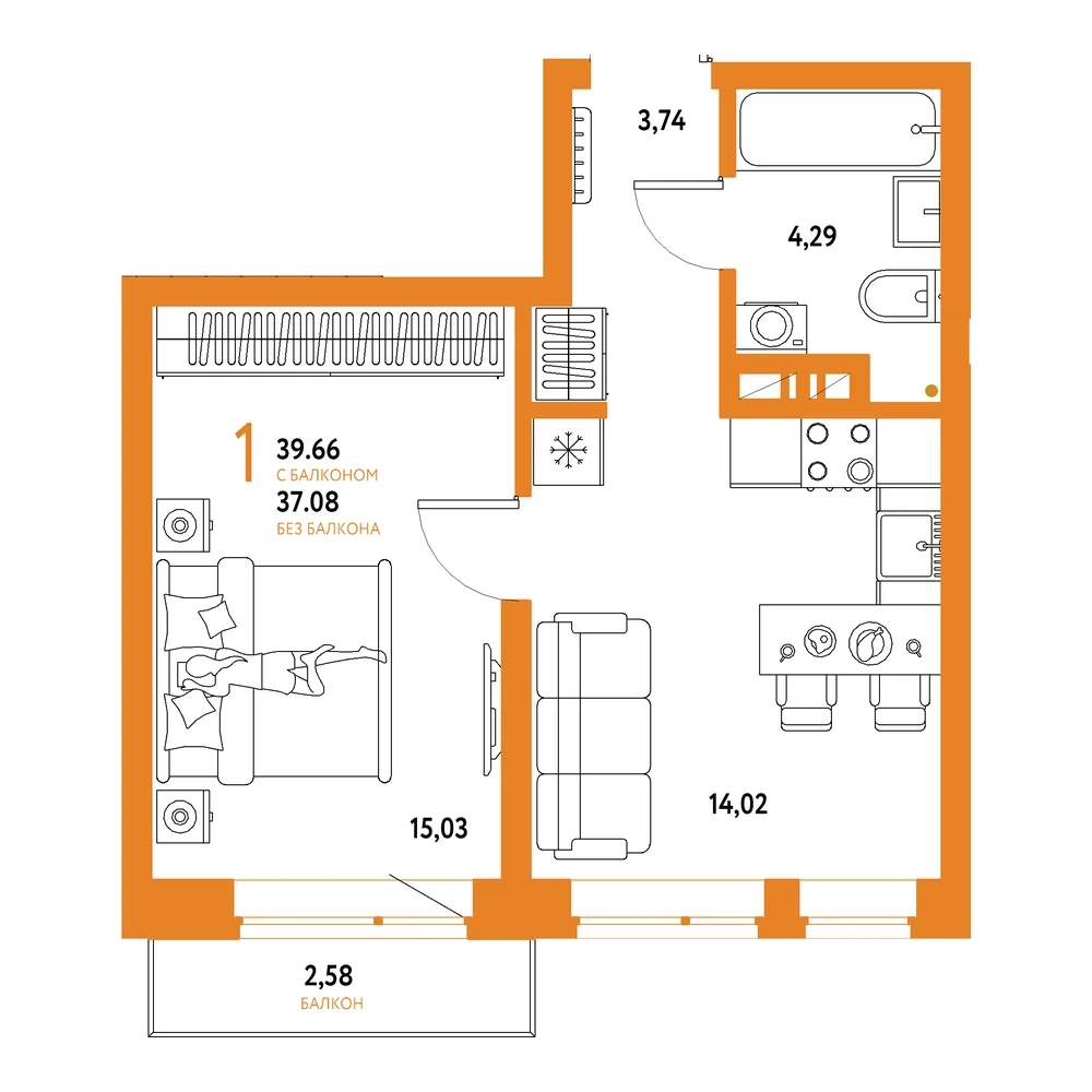 Планировка: Авторский 1-комнатная 39,66м²