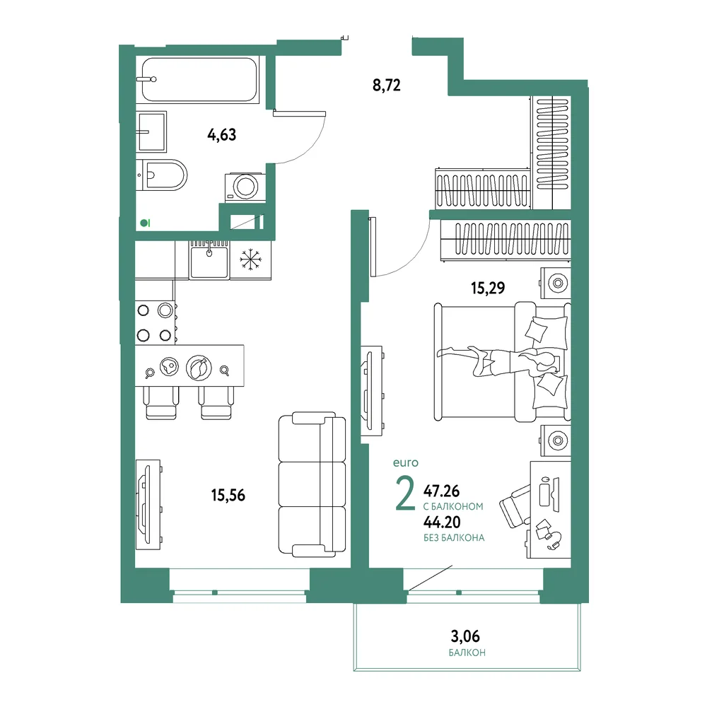 Планировка: Авторский 2-комнатная 47,26м²