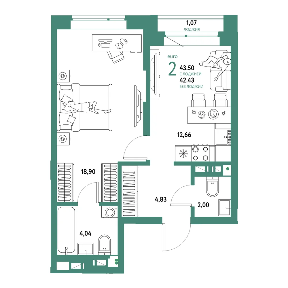 Планировка: Авторский 2-комнатная 43,50м²