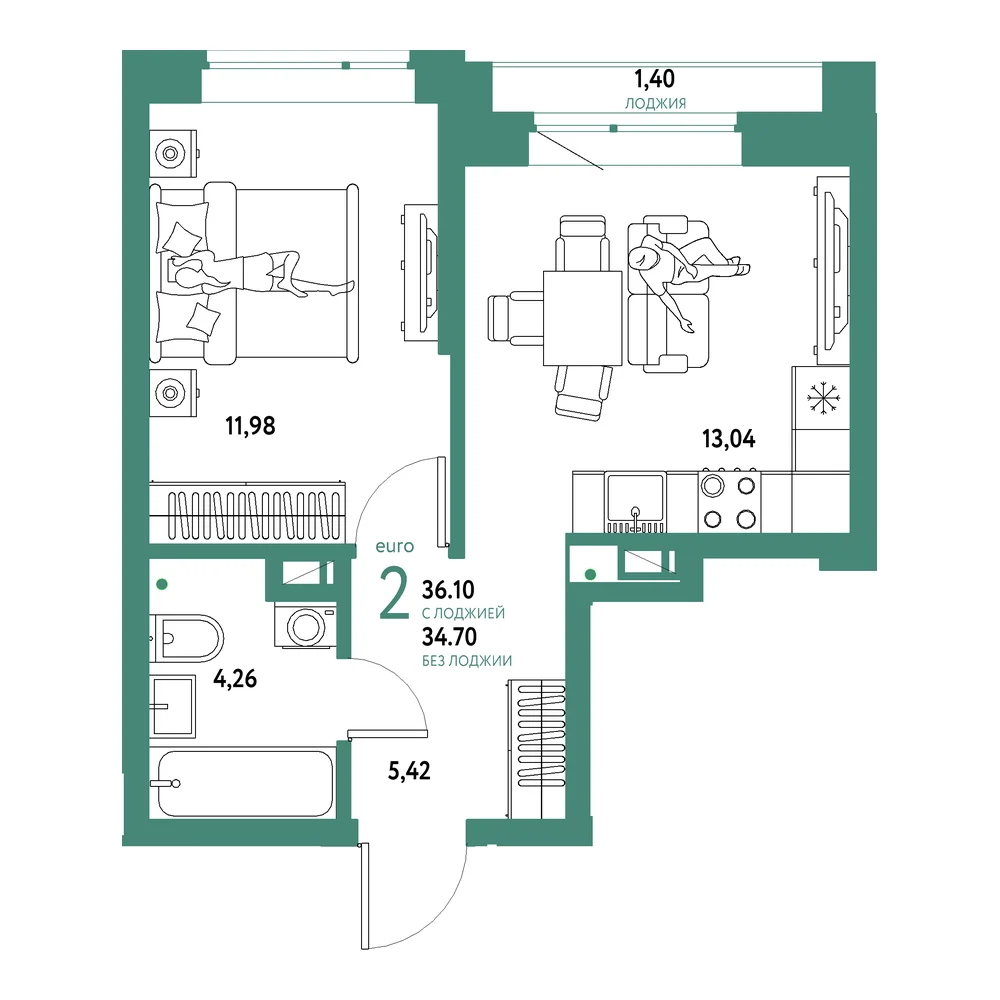 Планировка: Авторский 2-комнатная 36,10м²