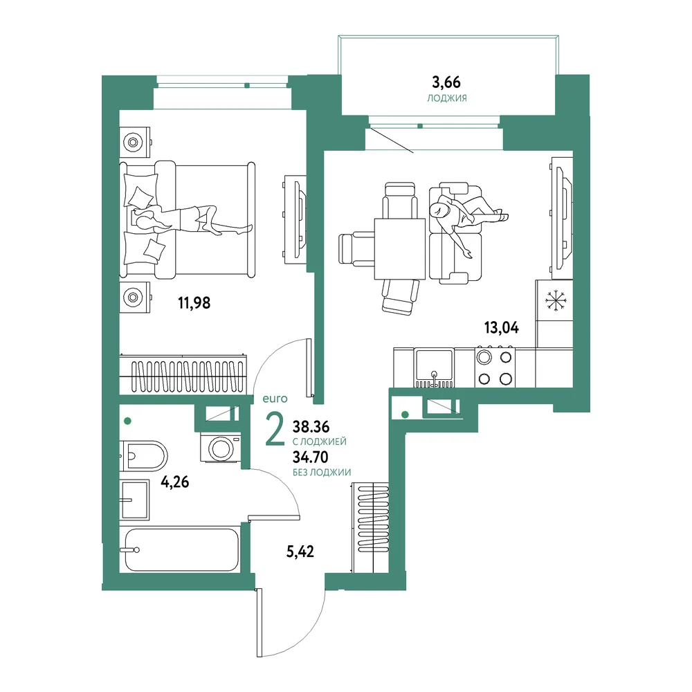 Планировка: Авторский 2-комнатная 38,36м²