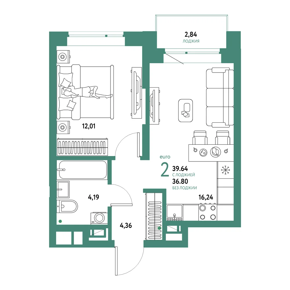 Планировка: Авторский 2-комнатная 39,64м²