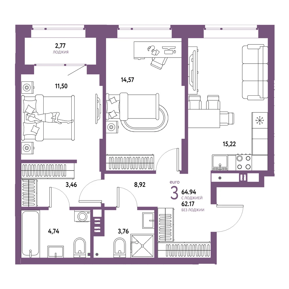 Планировка: Авторский 3-комнатная 64,94м²