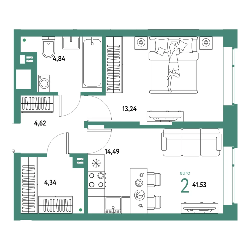 Планировка: Авторский 2-комнатная 41,53м²