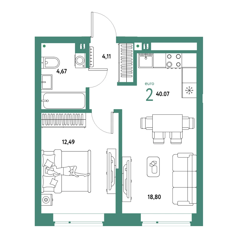 Планировка: Авторский 2-комнатная 40,07м²