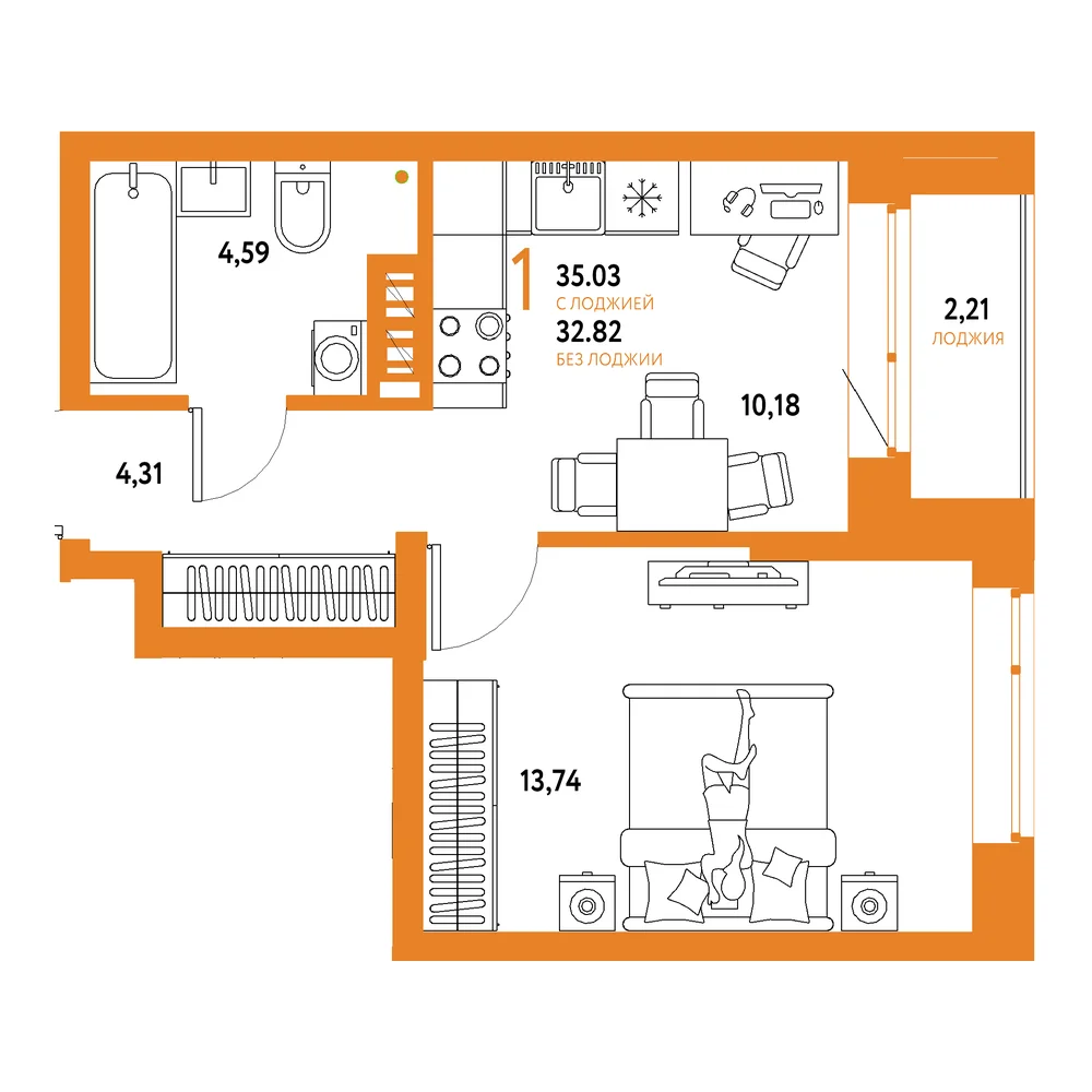 Планировка: Авторский 1-комнатная 35,03м²
