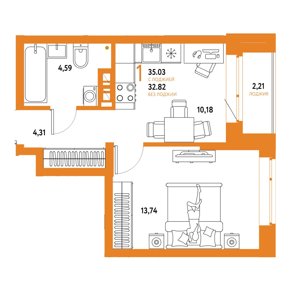 Планировка: Авторский 1-комнатная 35,03м²