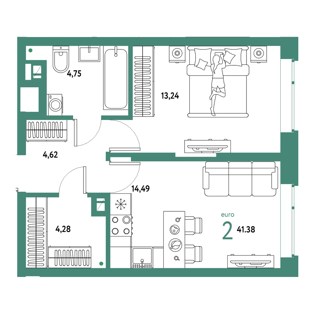 Планировка: Авторский 2-комнатная 41,38м²