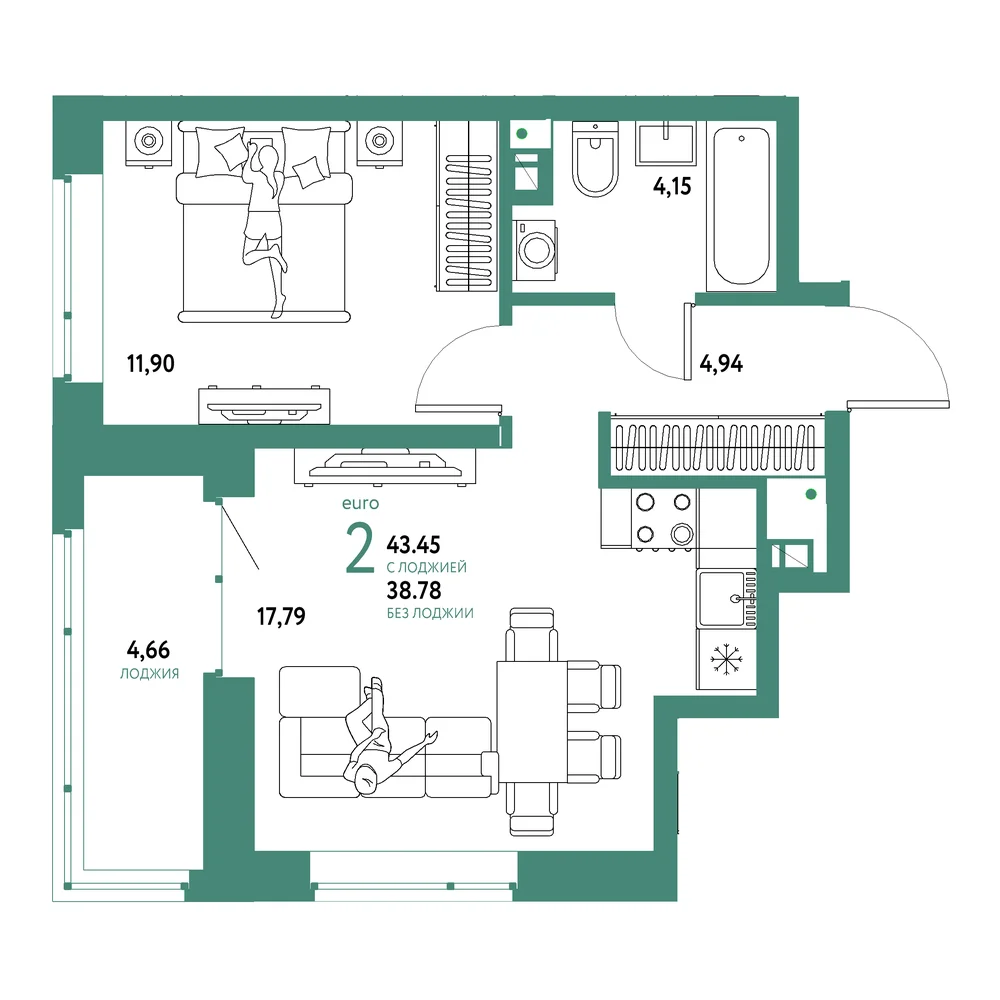 Планировка: Авторский 2-комнатная 43,45м²
