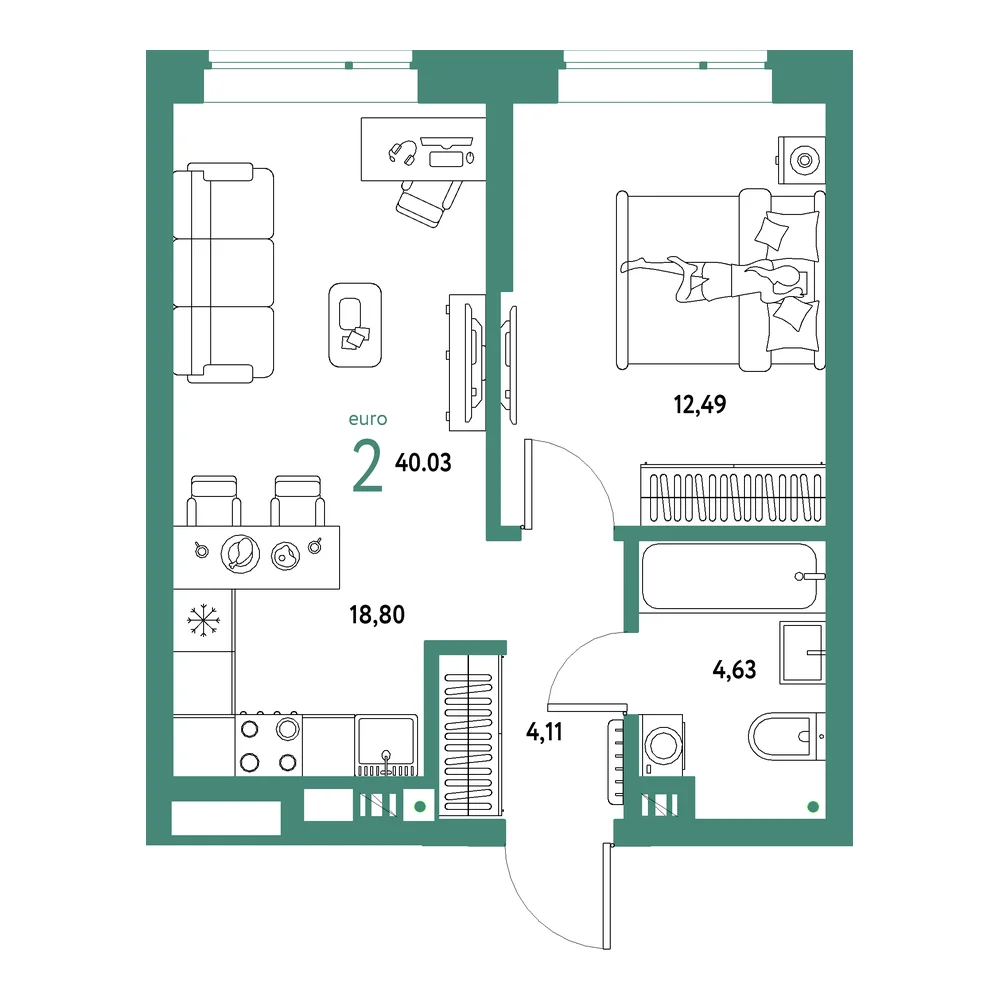 Планировка: Авторский 2-комнатная 40,03м²