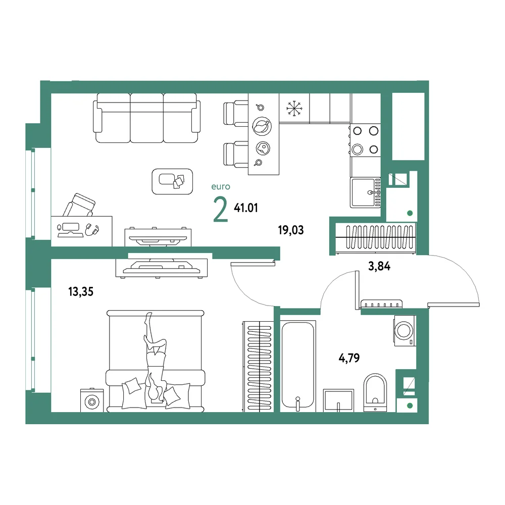 Планировка: Авторский 2-комнатная 41,01м²