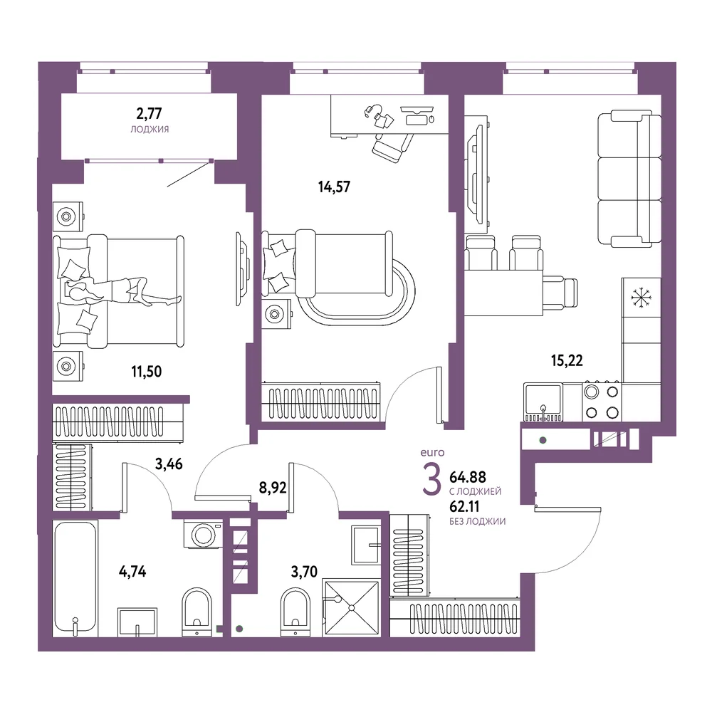 Планировка: Авторский 3-комнатная 64,88м²