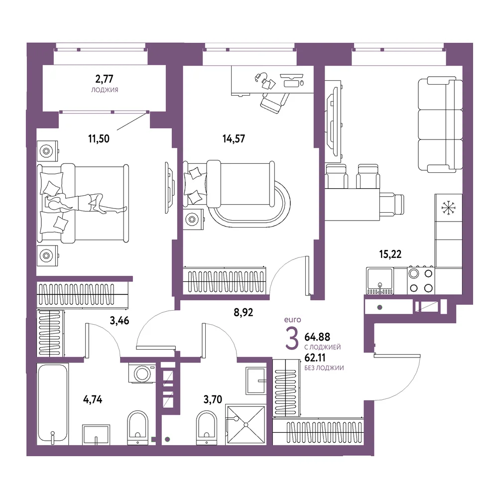 Планировка: Авторский 3-комнатная 64,88м²