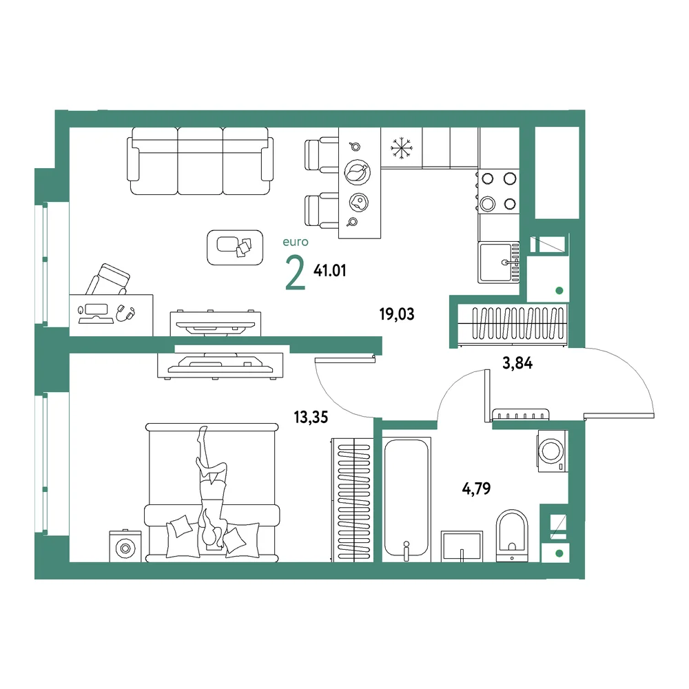 Планировка: Авторский 2-комнатная 41,01м²
