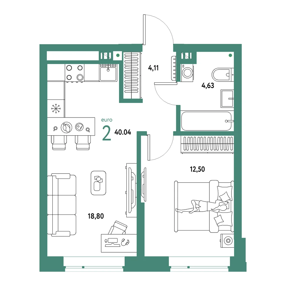 Планировка: Авторский 2-комнатная 40,04м²