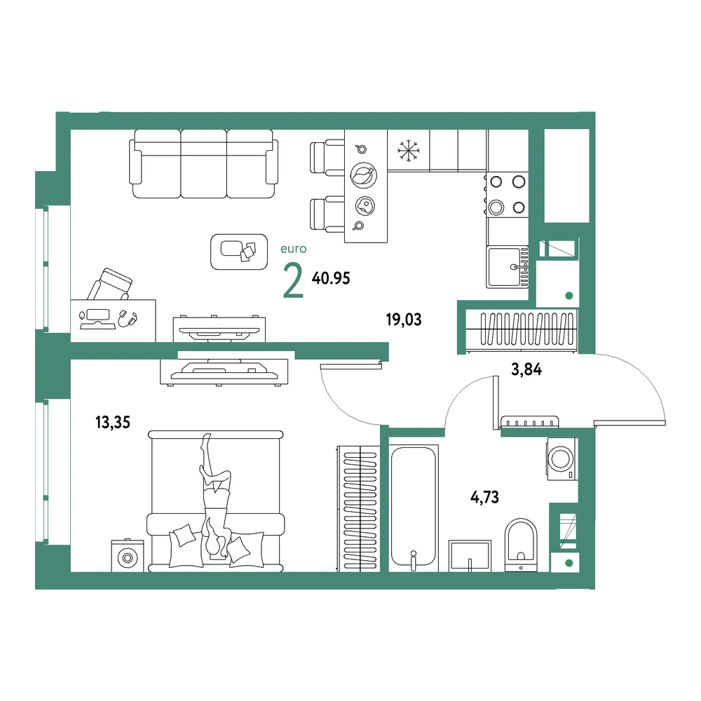 Планировка: Авторский 2-комнатная 40,95м²