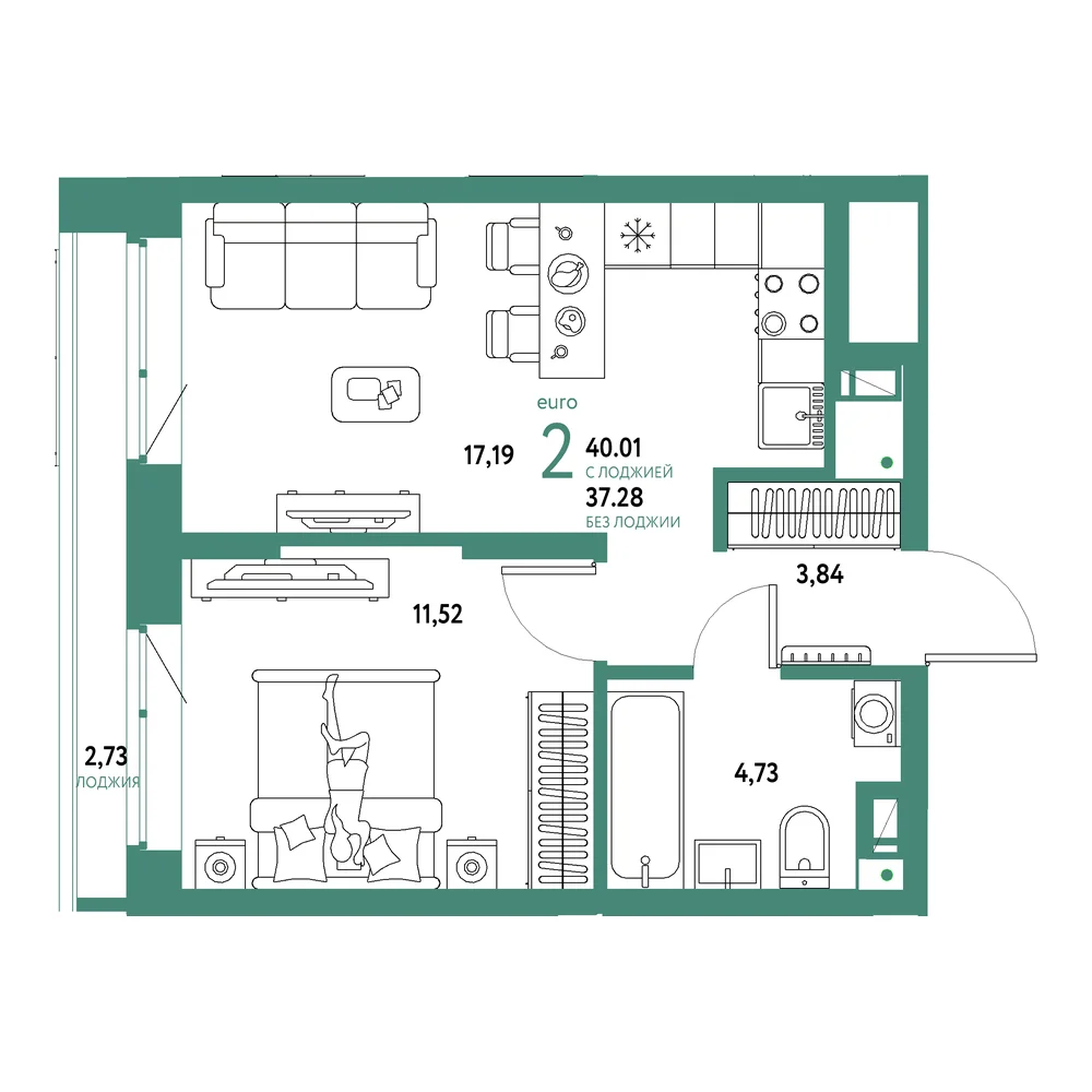 Планировка: Авторский 2-комнатная 40,01м²