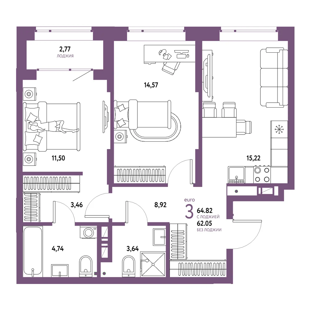 Планировка: Авторский 3-комнатная 64,82м²