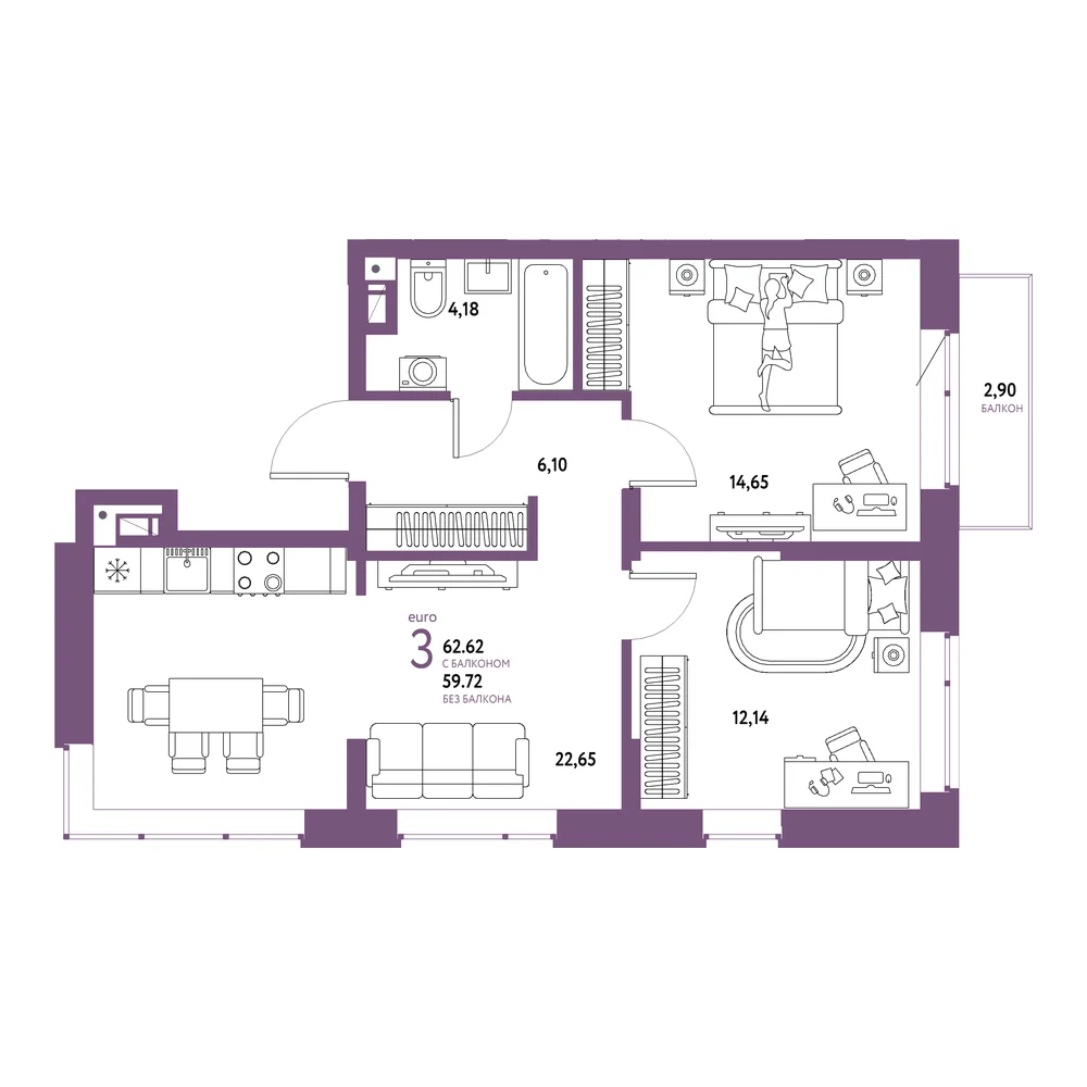 Планировка: Авторский 3-комнатная 62,62м²