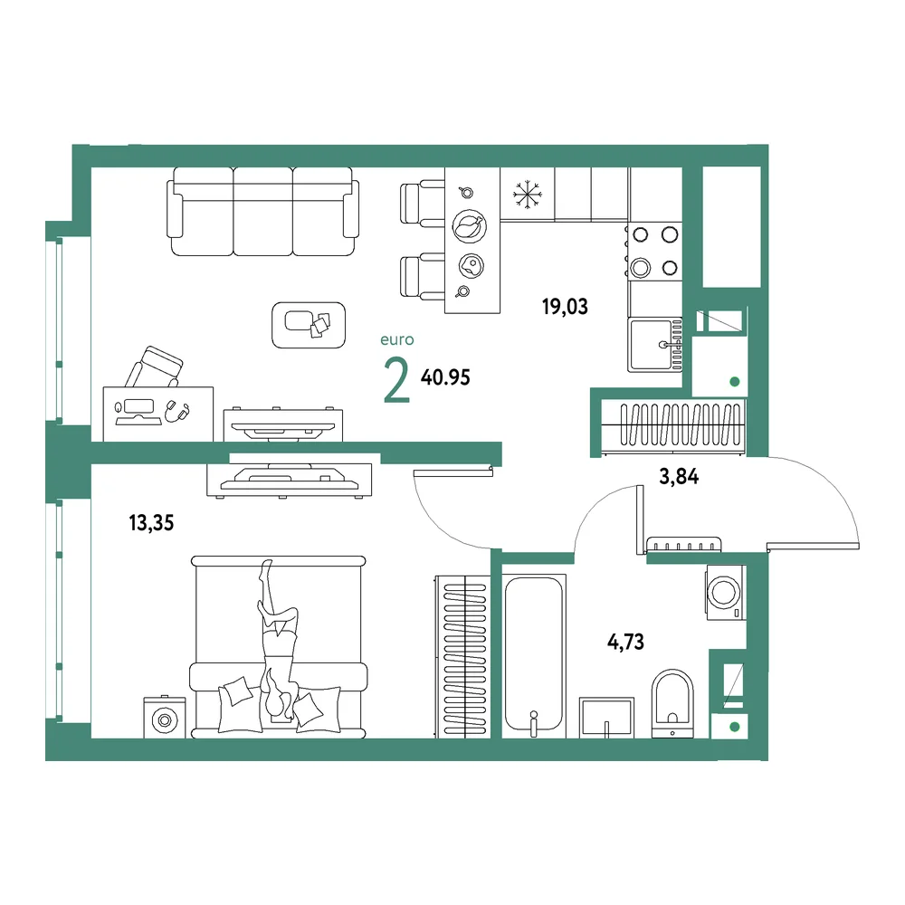Планировка: Авторский 2-комнатная 40,95м²