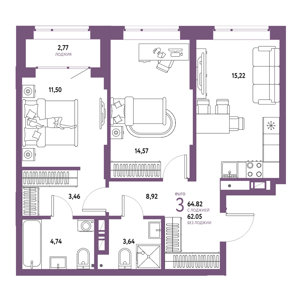 Планировка: Авторский 3-комнатная 64,82м²