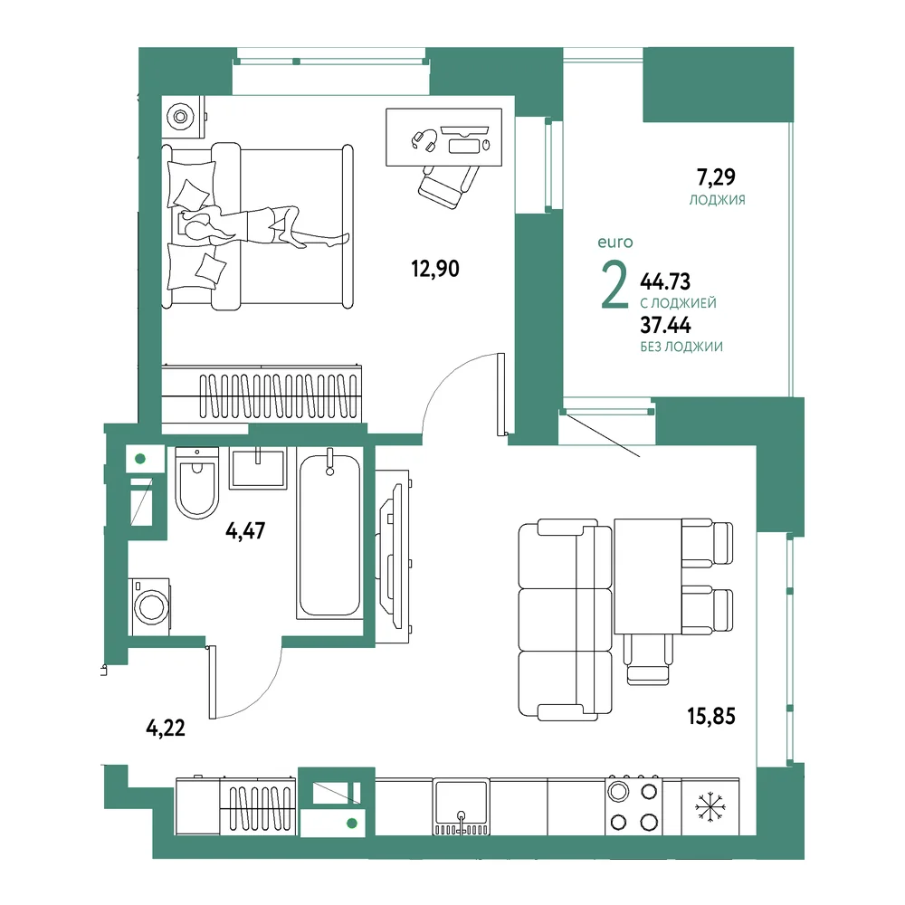 Планировка: Авторский 2-комнатная 44,73м²