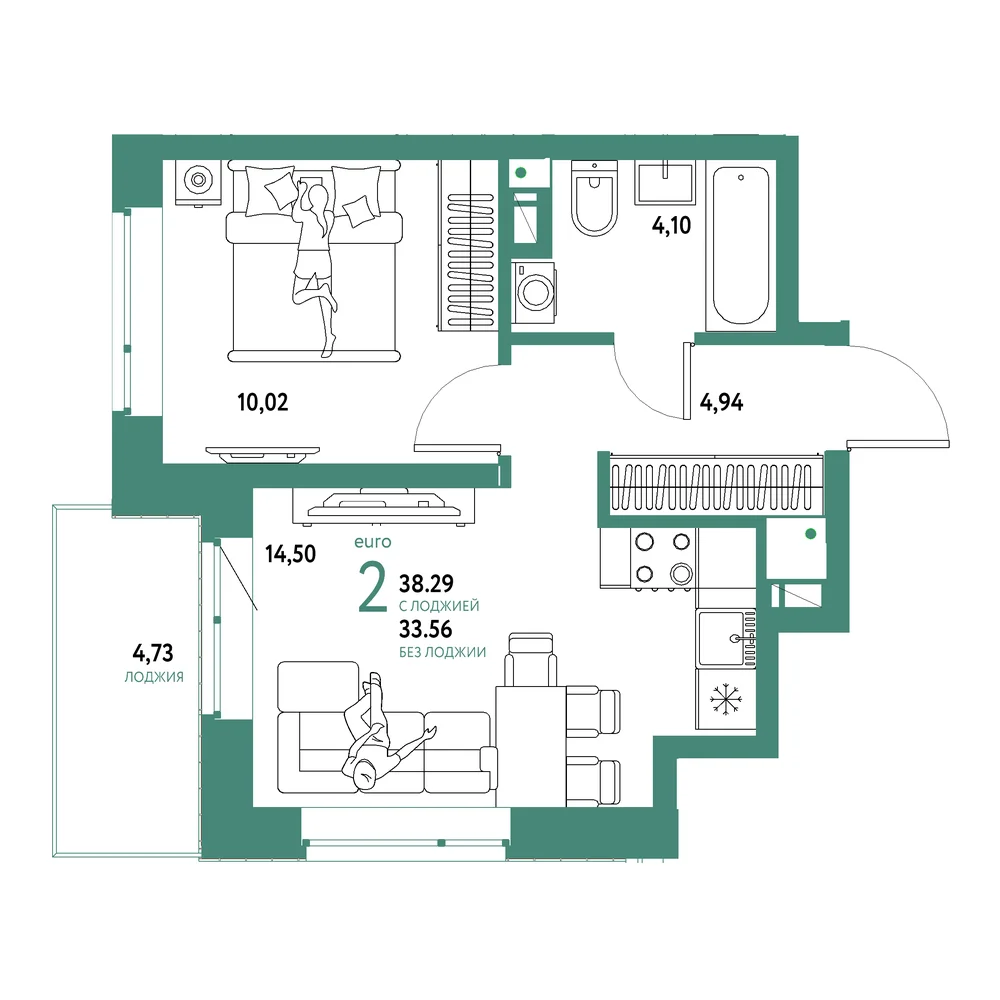 Планировка: Авторский 2-комнатная 38,29м²