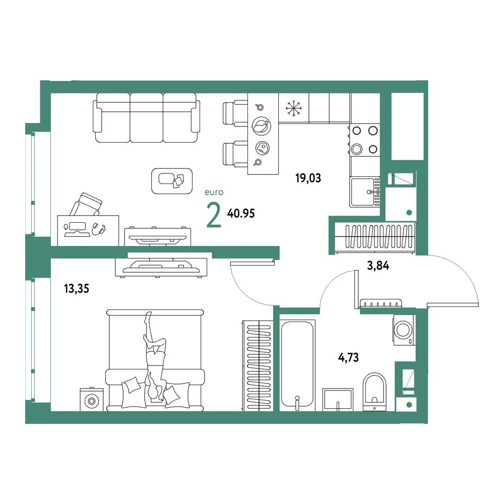 Планировка: Авторский 2-комнатная 40,95м²