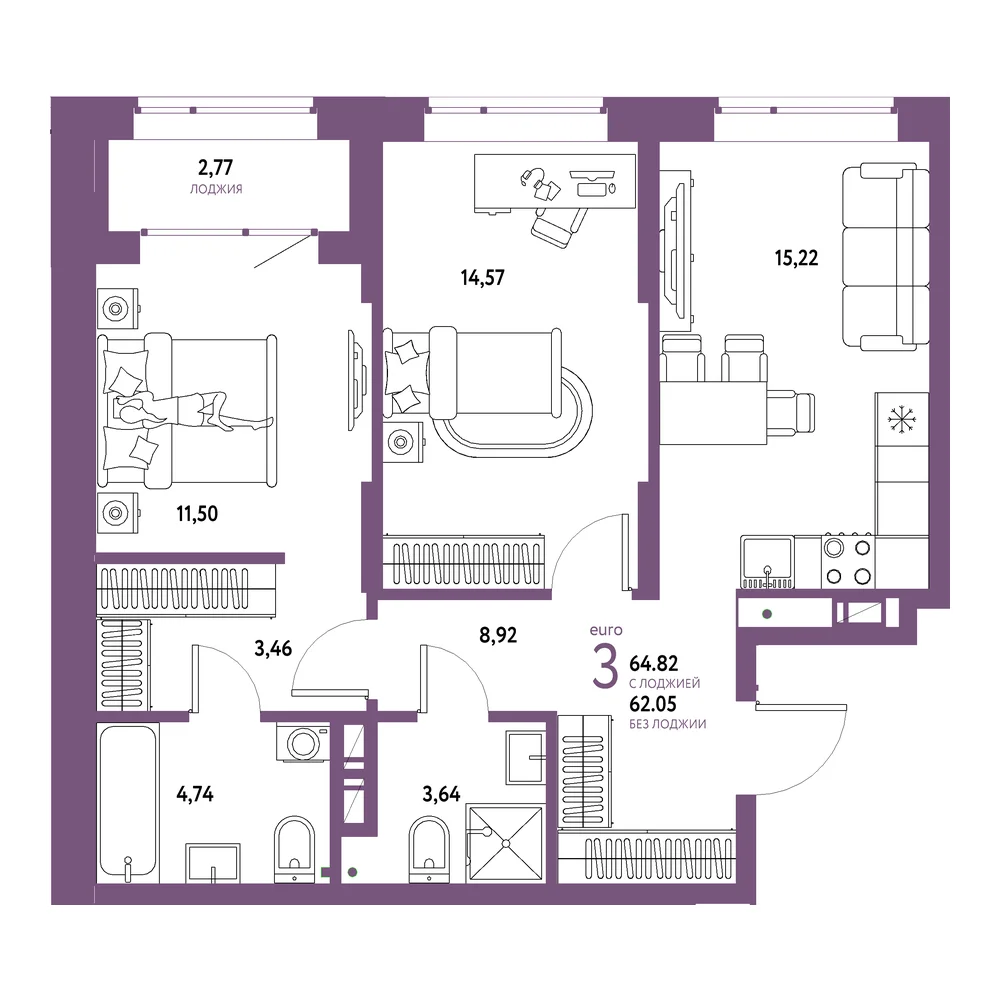 Планировка: Авторский 3-комнатная 64,82м²
