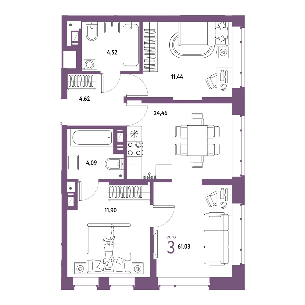 Планировка: Авторский 3-комнатная 61,03м²