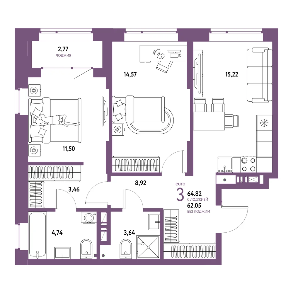 Планировка: Авторский 3-комнатная 64,82м²