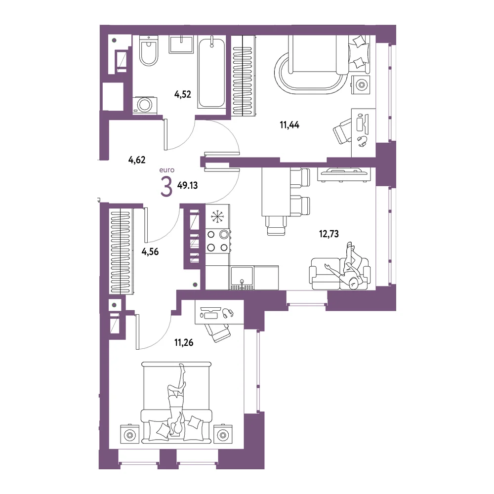 Планировка: Авторский 3-комнатная 49,13м²