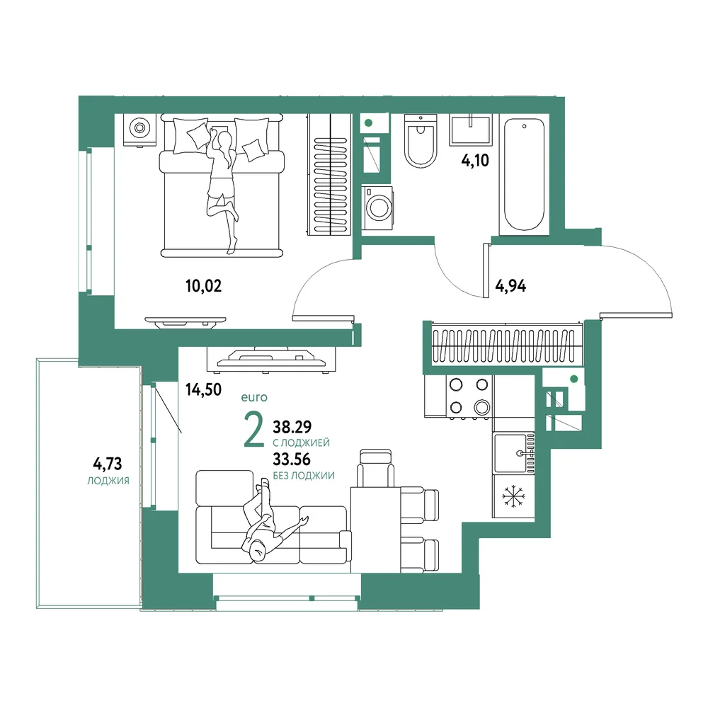 Планировка: Авторский 2-комнатная 38,29м²