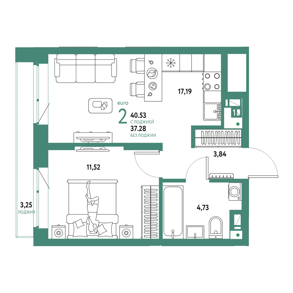 Планировка: Авторский 2-комнатная 40,53м²