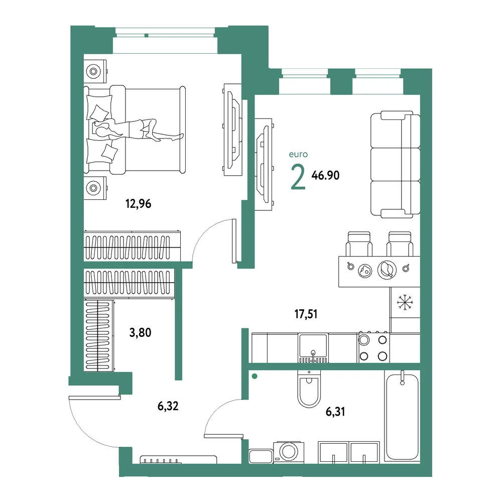 Планировка: Авторский 2-комнатная 46,90м²